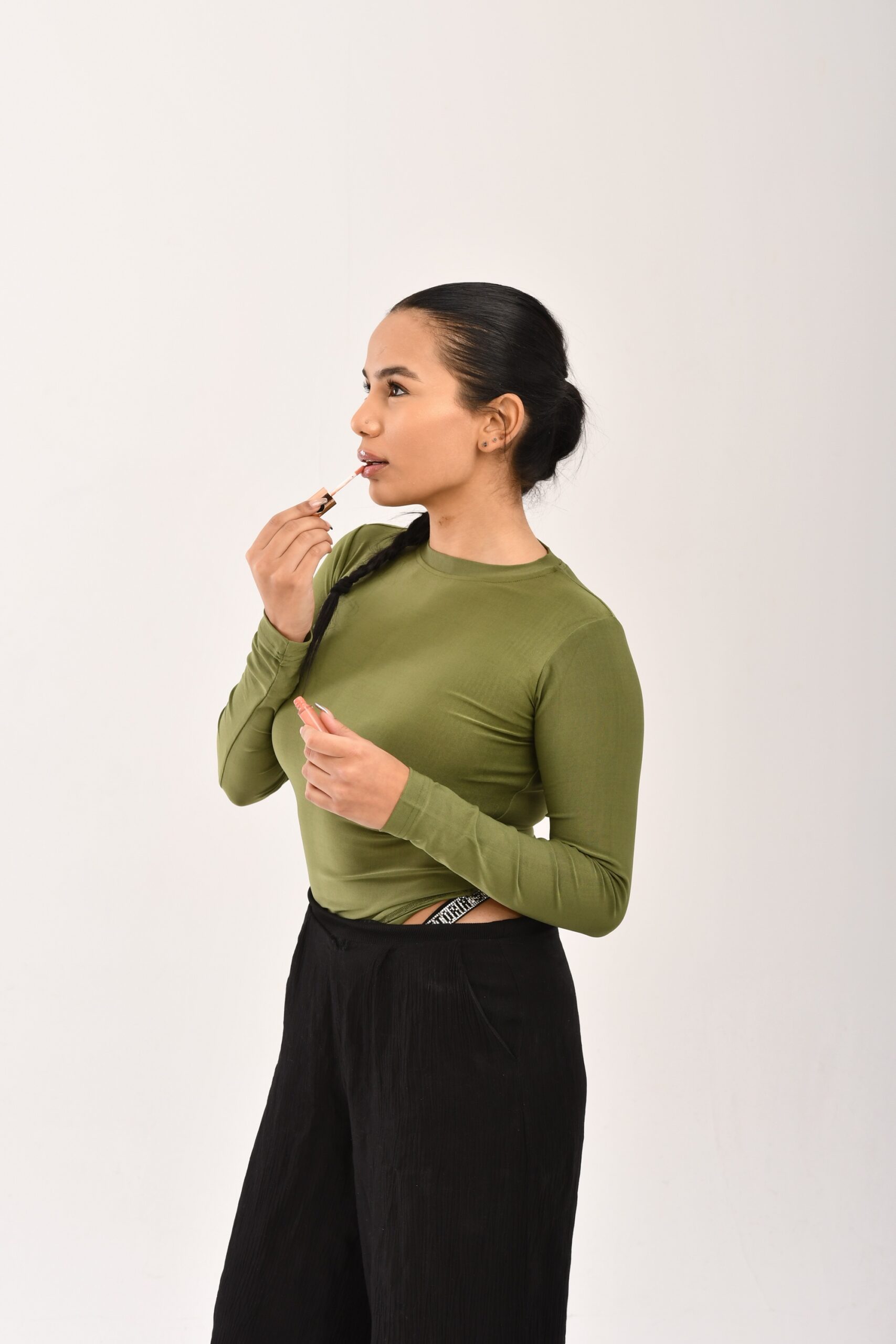 Olive Green Long Sleeves Slim Fit Basic