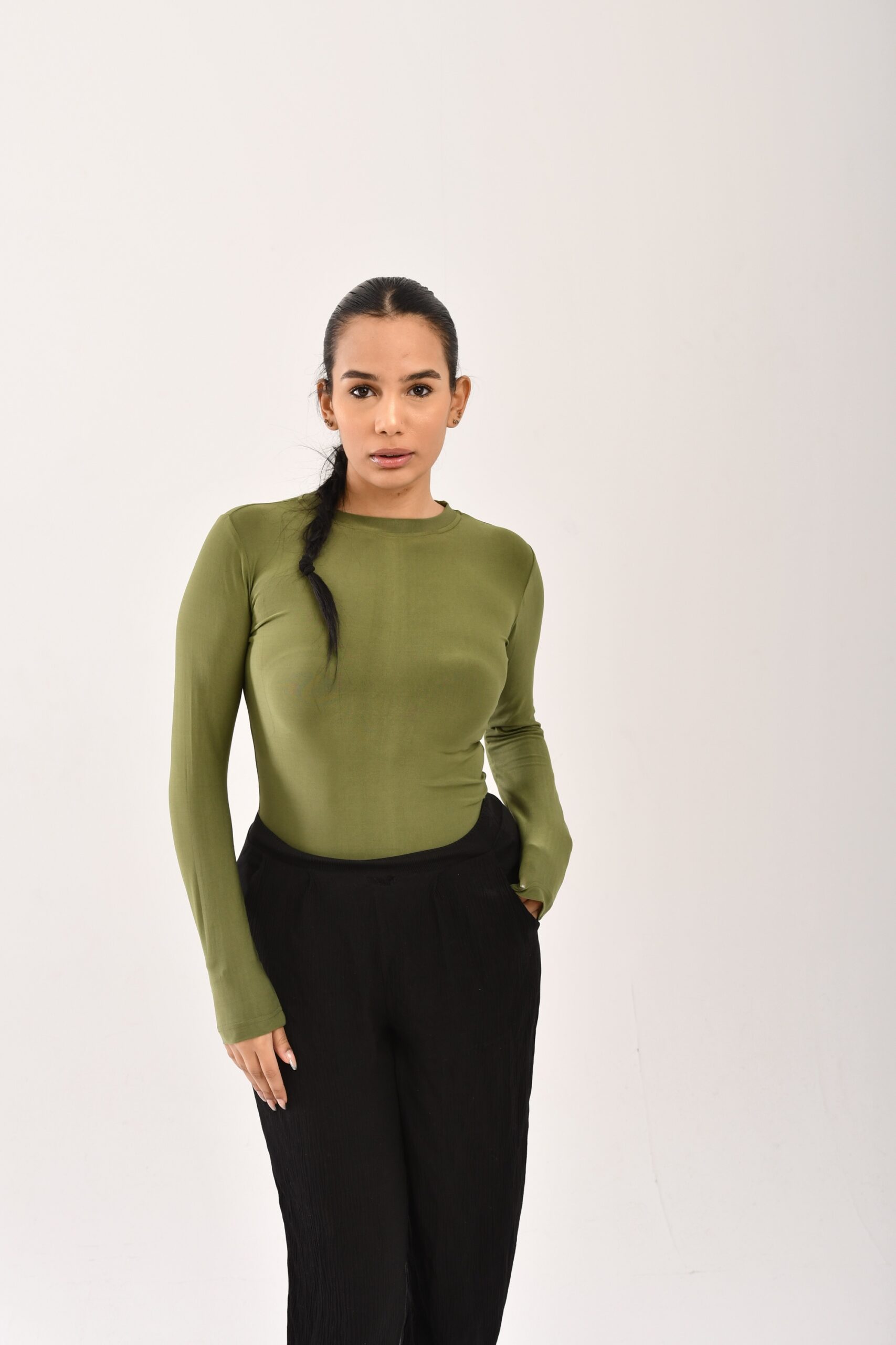 Olive Green Long Sleeves Slim Fit Basic