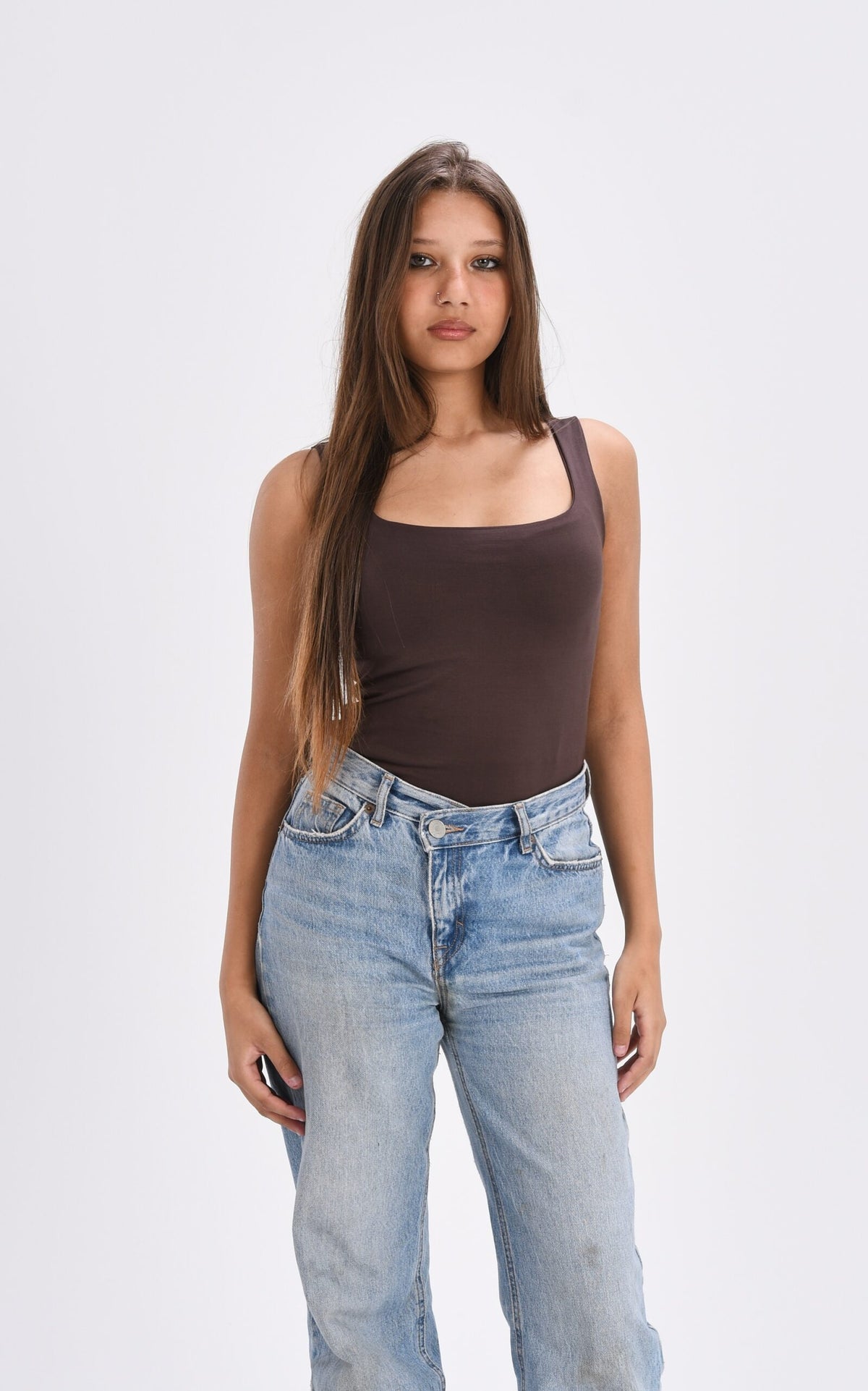 The Sleeveless Square Neck in Brown