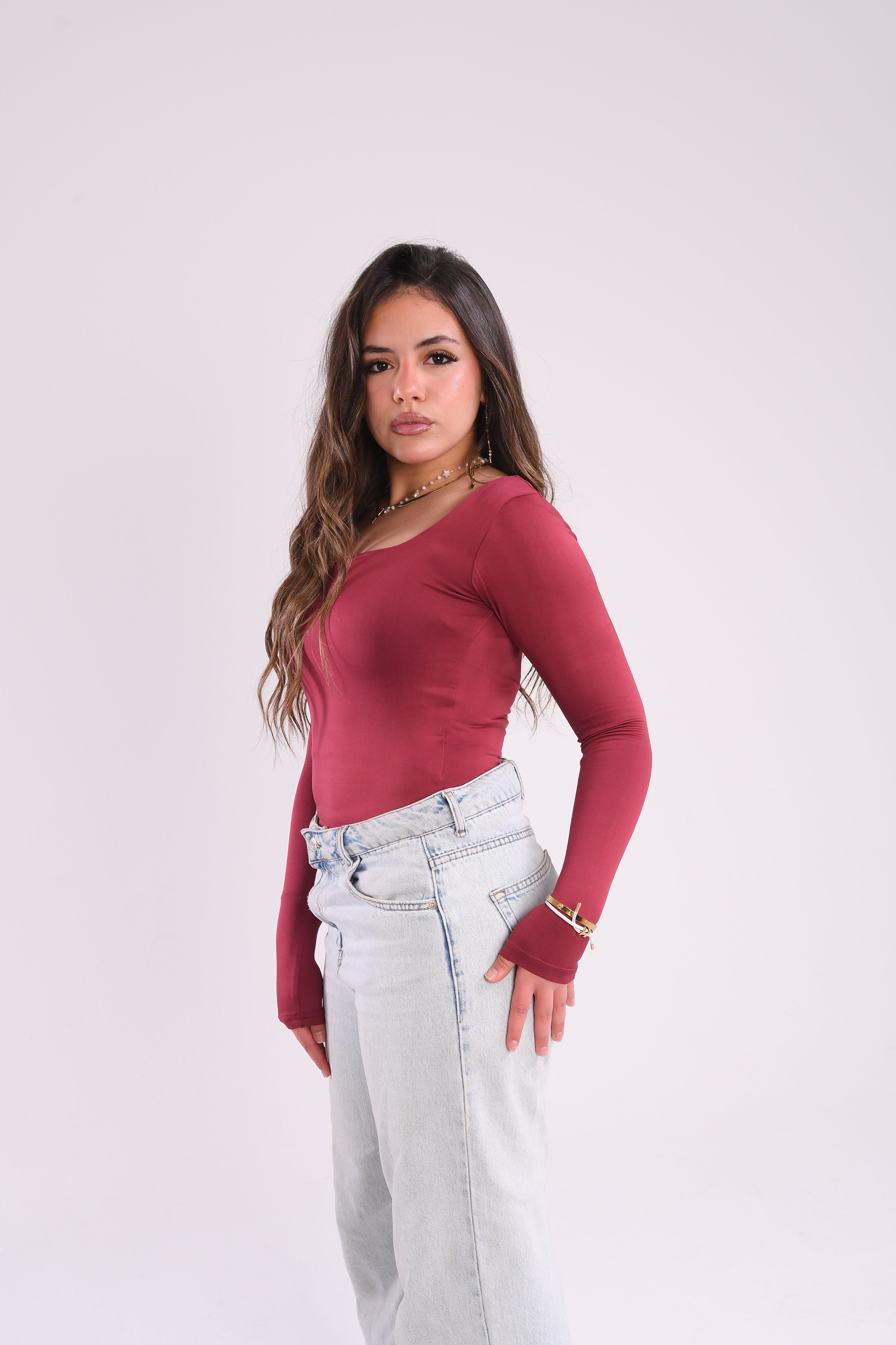 Burgundy squared neck contour top